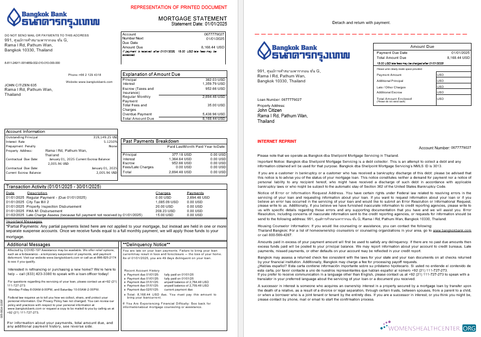 Download Thailand Bangkok bank mortgage statement in Word and PDF formats, 3 pages 1 2 Photoshop template